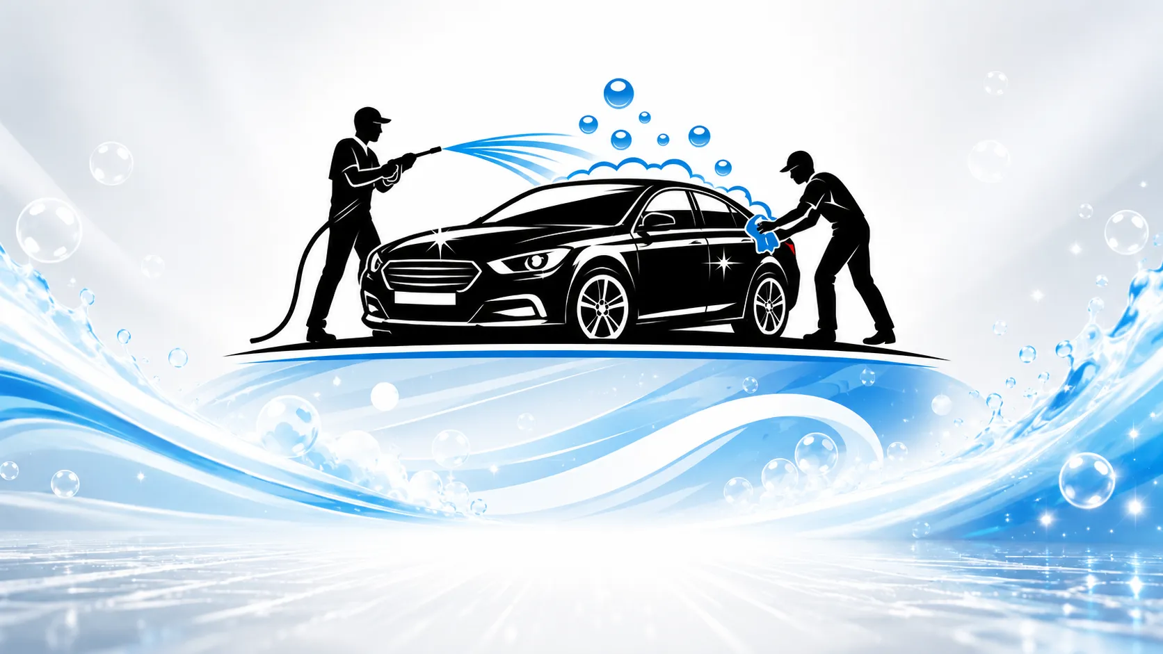 Profissionais lavando um carro preto com mangueira e espuma